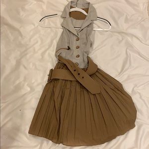 Blue pinstripe dress with tan skirt